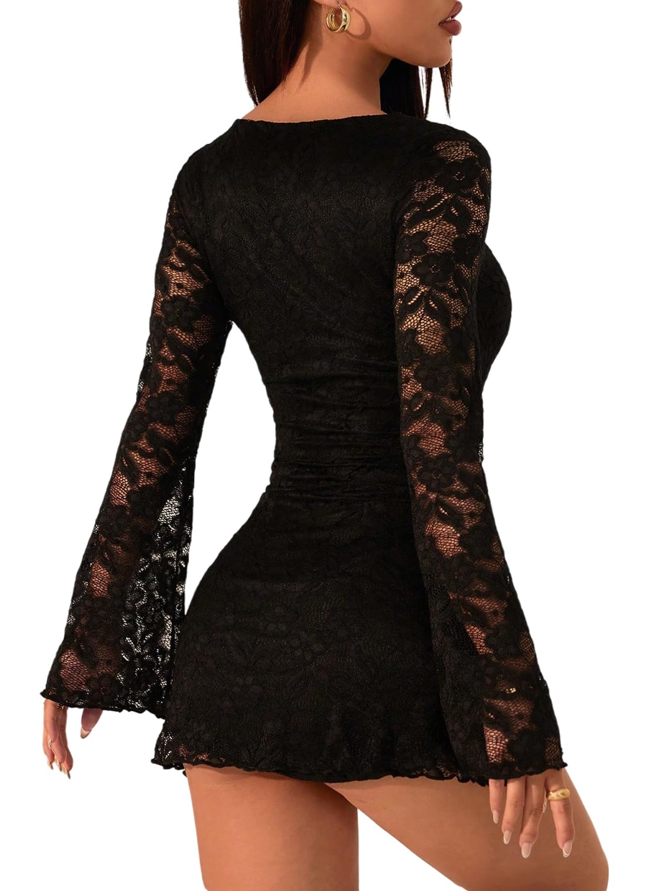 SweatyRocks Abito da donna elegante, mini abito con pizzo, linea ad A, per feste, a maniche lunghe, per autunno, corto, per il tempo libero