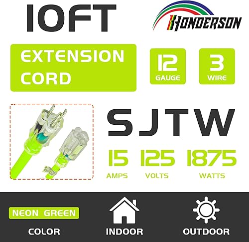 Miniatura 86 de Cable de extensión iluminado para exteriores 12/3 de 6 pies, calibre 12, 3 puntas, SJTW, resistente cable de extensión rojo neón con enchufe de 3