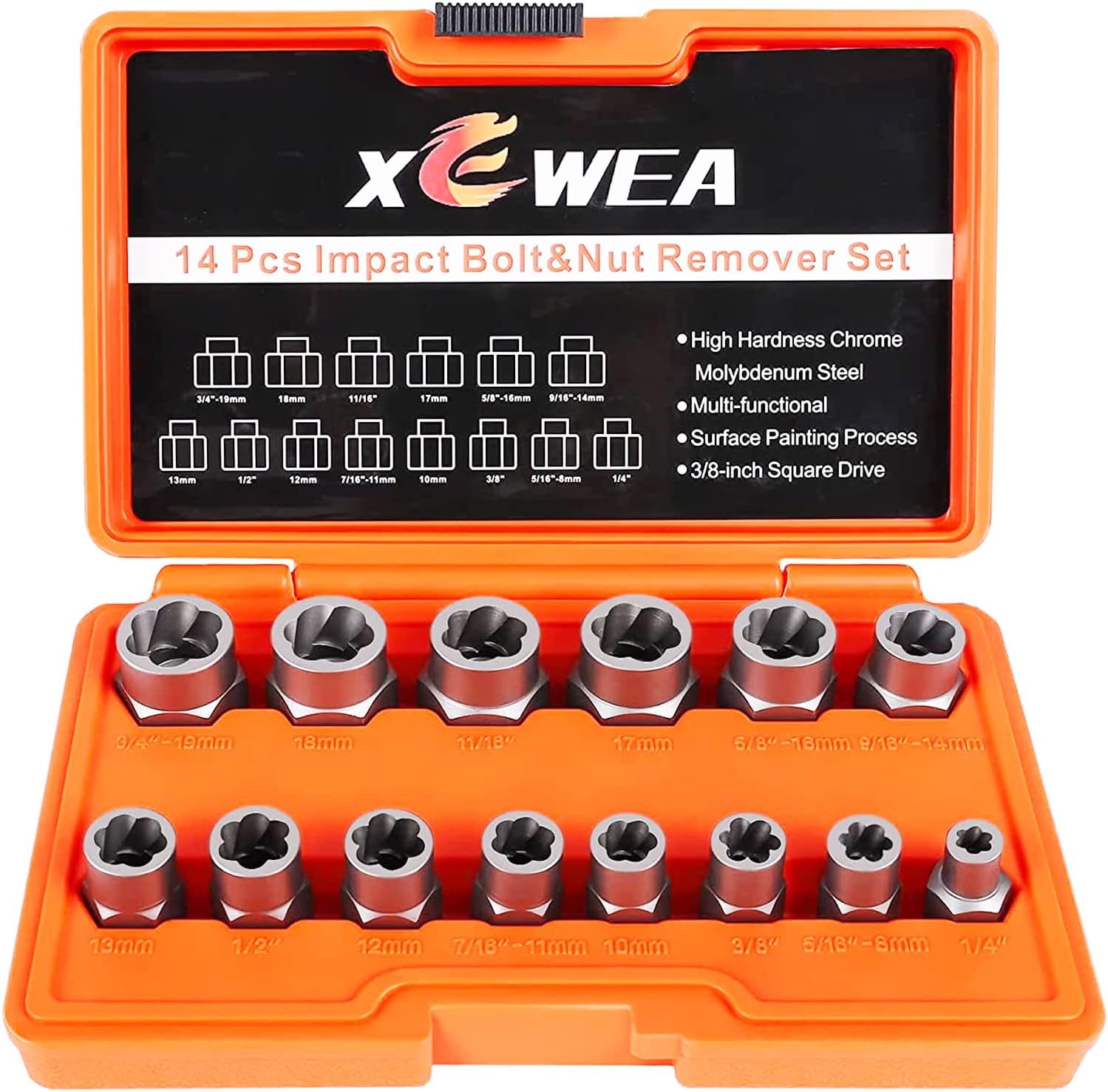 XEWEA Professional 14PCS Bolt Extractor Set, 3/8" Drive Impact Stripped Bolt Remover Socket Set for Removing Damaged Broken Rounded Off Bolt & Nut, Impact Grade Cr-Mo Steel with Case Father's Day Gift