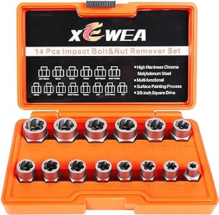 XEWEA Professional 14PCS Bolt Extractor Set, 3/8" Drive Impact Stripped Bolt Remover Socket Set for Removing Damaged Broken Rounded Off Bolt & Nut, Impact Grade Cr-Mo Steel with Case Father's Day Gift