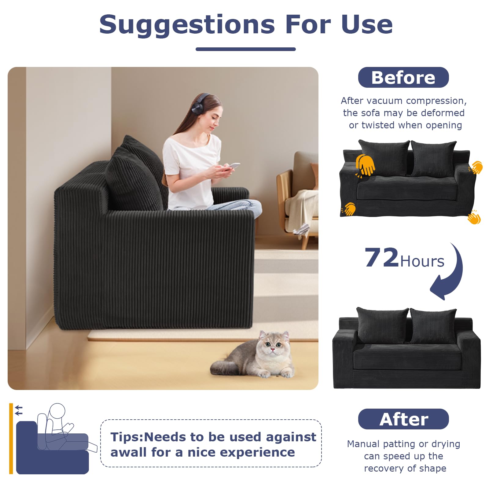 Convertible Sofa Bed, Boneless Couch Loveseat, 2 in 1 Folding Couch Bed, Fold Out Comfy Floor Futon Sofa with Pillows for Living Room Bedroom, Black