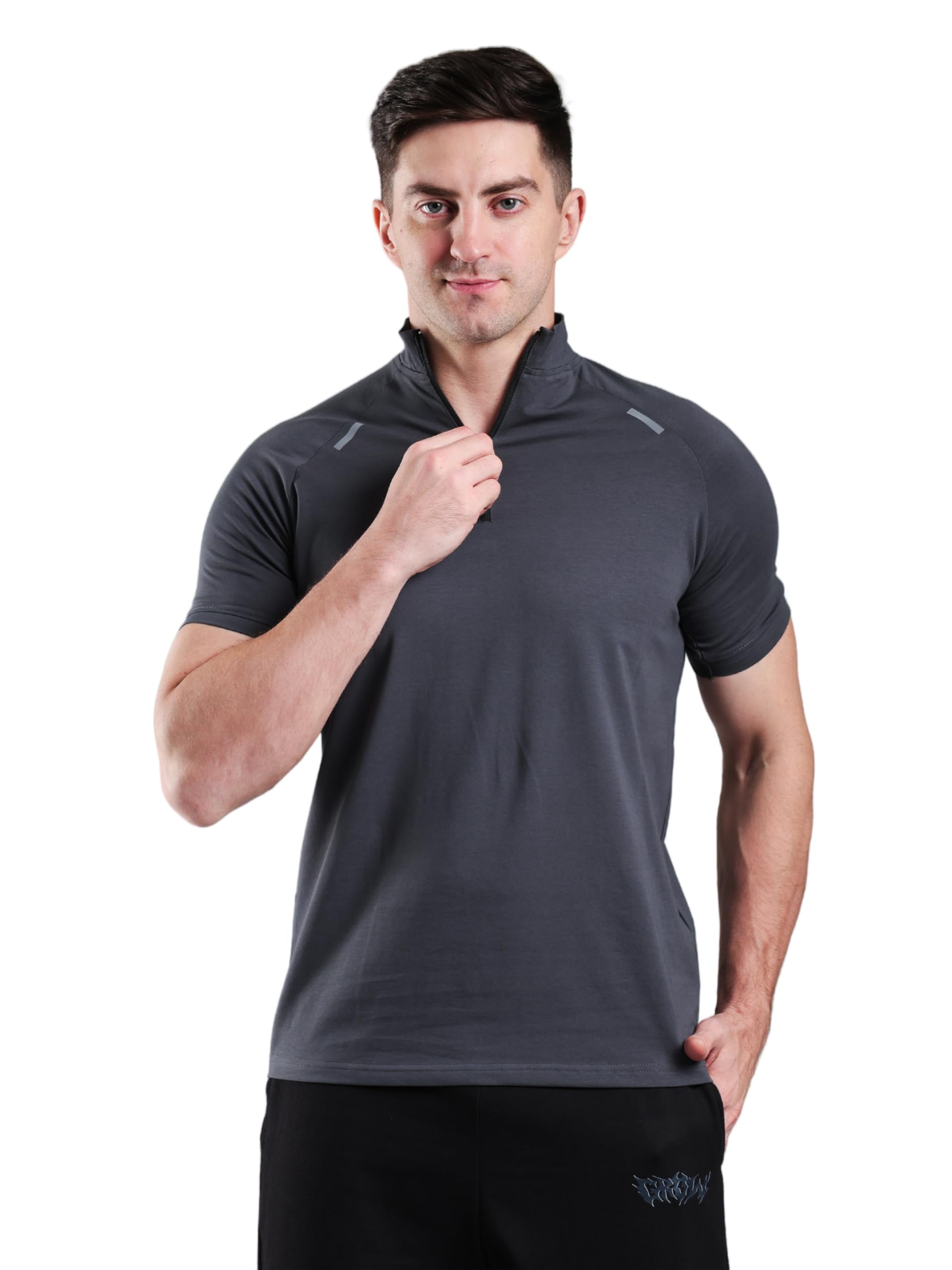 grow Half Raglan Quarter Zip Half Sleeve T-Shirt Workout | Cotton and Spandex Quarter Zip Back Printed Collar T Shirts for Men-picture-30