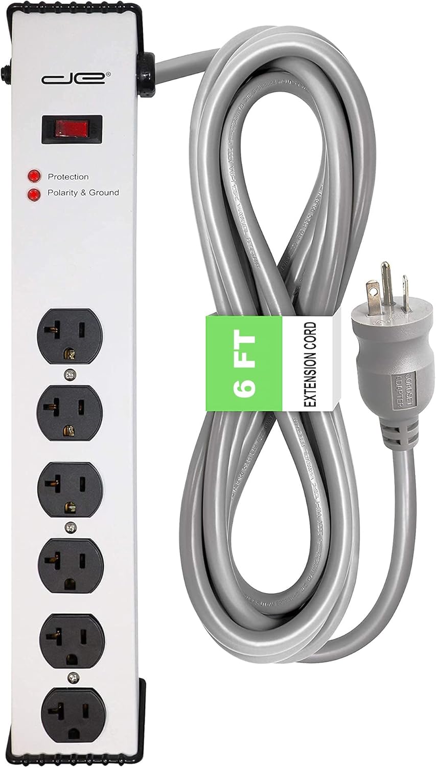 Digital Energy 20 Amp 6-20/T- Slot Plug | 15-Ft Cord - 900 Joule Surge Protector | 6-Outlet, Heavy Duty Steel Body Power Strip