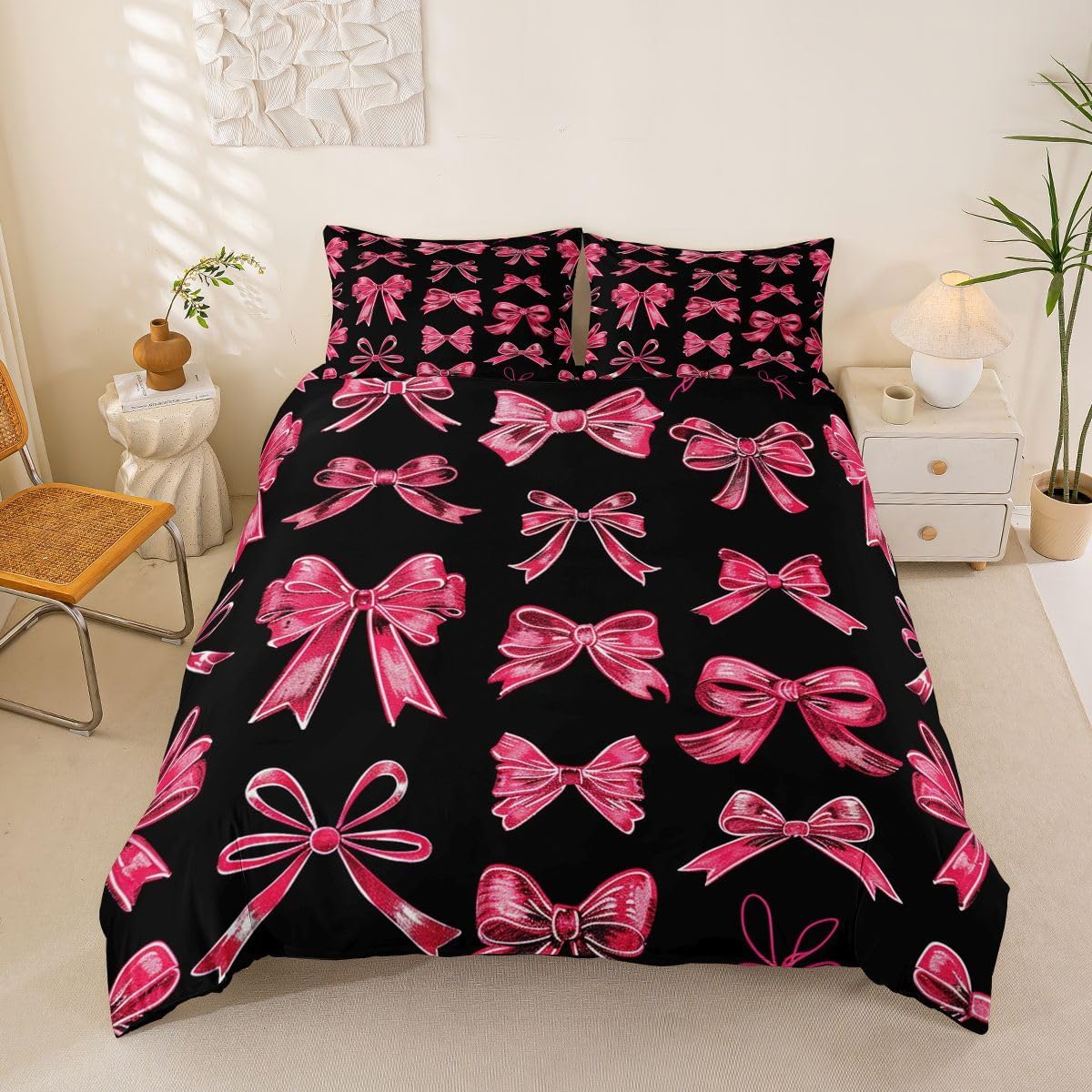 jejeloiu Blue Red Bow Duvet Cover Toddler Size Love Heart Pattern Comforter Cover for Boys Girls Cartoon Style Bedding Set 2Pcs Room Decor