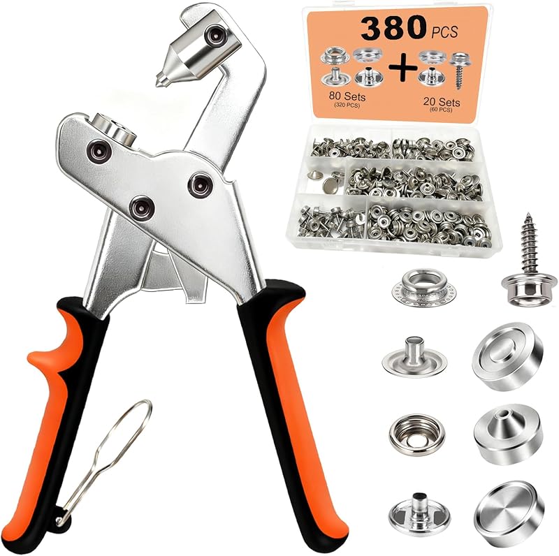 Snap Fastener Tool Kit, 100 Sets Boat Cover Snaps with Snap Setter Tool | Labor-Saving Auto Align Snap Installation Tool, Snap Repair Kit with 380 Pcs 15mm Stainless Snaps for Covers, Canvas, Tarps