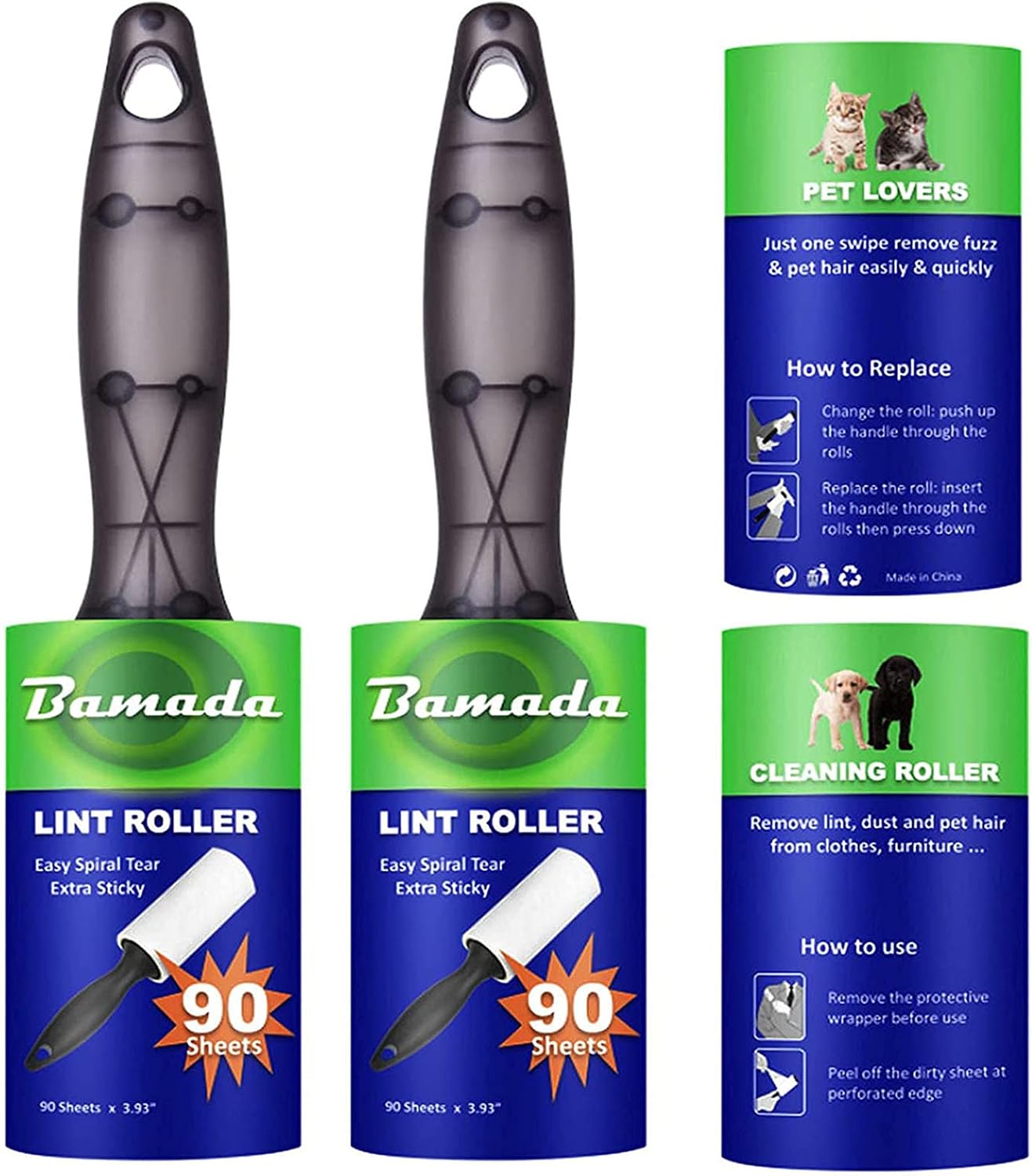 Lint Rollers for Pet Hair 360 Sheets, Extra Sticky Portable Lint Remover , Lint Roller for Clothes, Couch, Sweater, Remover Cats Dogs Hair , 2 Handles+2 Roller Refills Pack, 90 Sheets/Roller