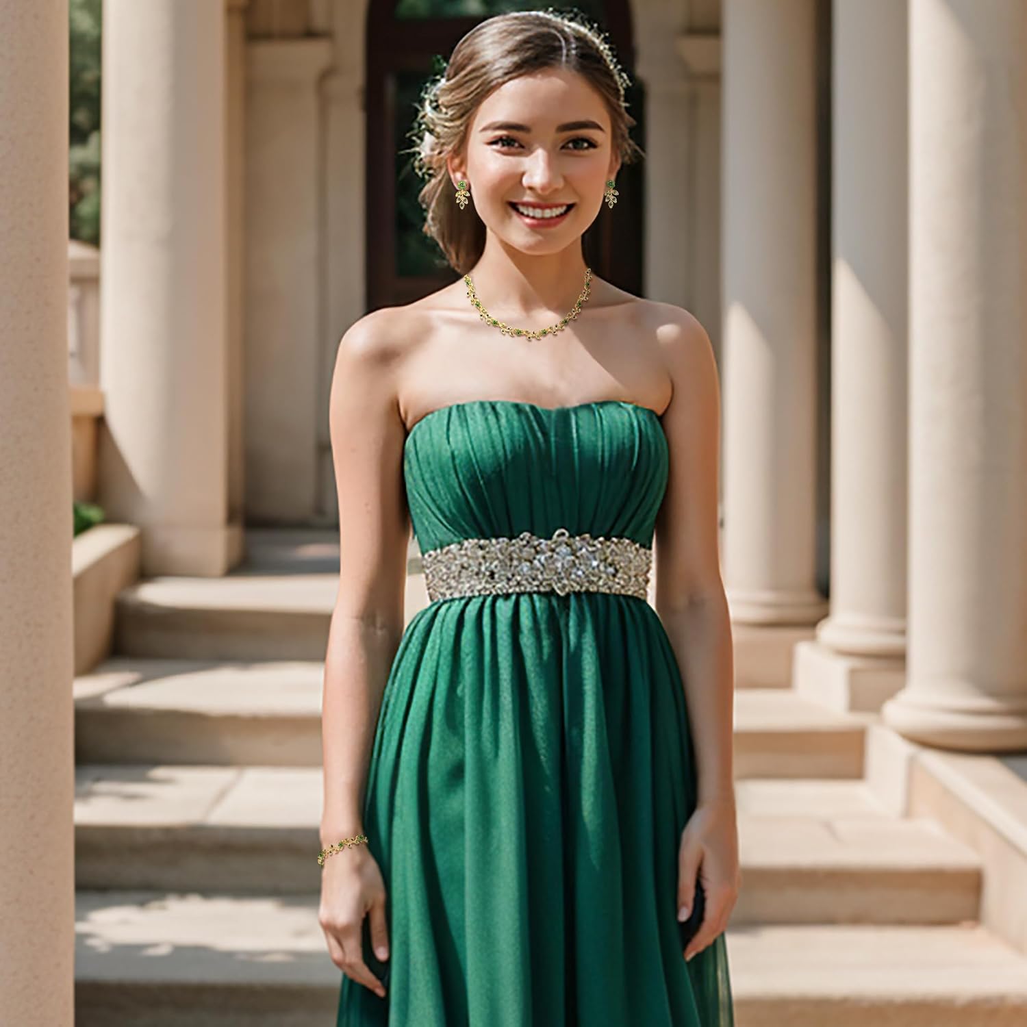 BriLove Wedding Jewelry Set for Women Bride, Gorgeous Stunning Crystal Flower Leaf Cluster Choker Necklace Link Bracelet Stud Earrings Bridal Bridesmaid - Image 2