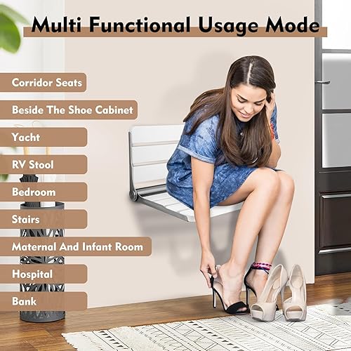 Miniatura 4 de Asiento de ducha plegable de teca de 18 pulgadas montado en la pared, banco de ducha plegable para espacio de ducha pequeño, taburete de madera de