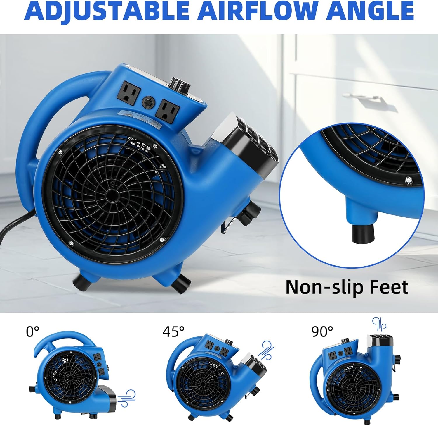Air Mover, 1/4 HP 1000 CFM Carpet Dryer for Cooling and Ventilating, Portable Floor Blower Fan with 4 Blowing Angles and Time Function, for Janitorial, Home, Commercial Use