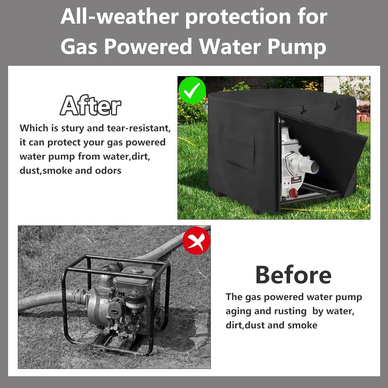Gasoline Engine Portable Water Pump Cover, Gas Powered Water Pump Cover, Suitable for most models of Semi Trash Water Transfer Pump, Full-Length All Weather Water Pump Covers Accessory