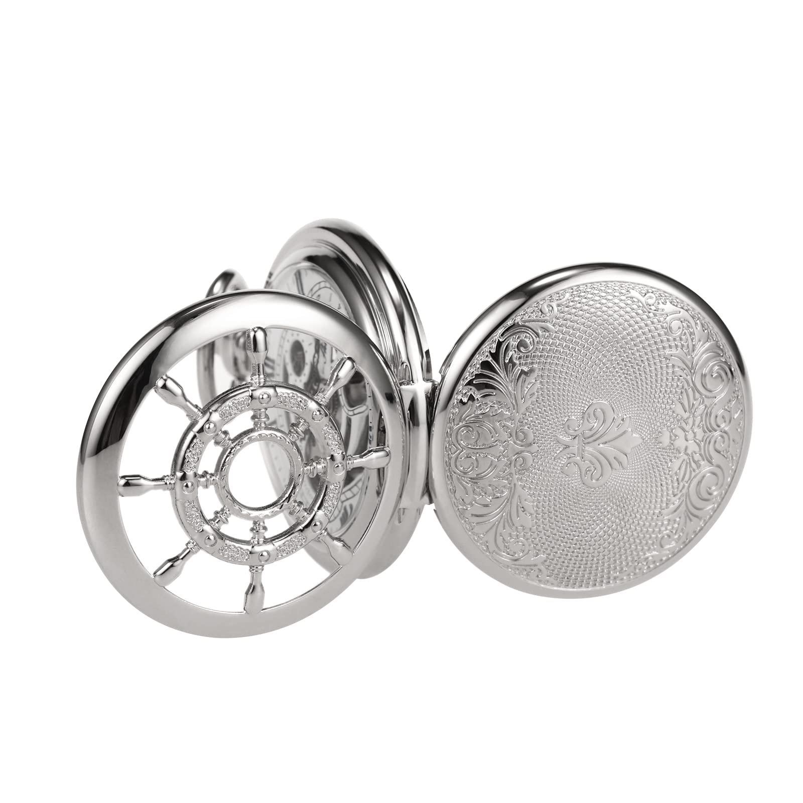 TREEWETO Reloj de Bolsillo Vintage Timón Hueco Mecánico Steampunk Esqueleto Números Romanos Reloj de Bolsillo con Cadena para Hombres Mujeres