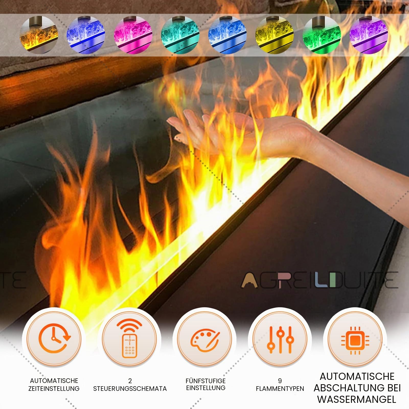 3D-Wasserdampfkamin, Einbau-Dampfkamin, 3D-Simulierte Flamme – Berührbarer Wassernebel – Flamme In 9 Farben Einstellbar, 3D-Nebelkamin Mit Automatischer Wasserzufuhr 50cm/19.6in