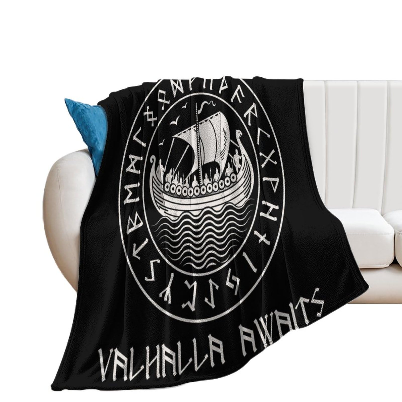 NIBABA Viking Drakkar Valhalla Scandinavian Runic Blanket Fuzzy Throws, Soft Blankets for Men Women Boys Girls, Cozy Plush Comfy Microfiber Throw Blanket for Couch Sofa Bed 30x40inches (75x100cm)