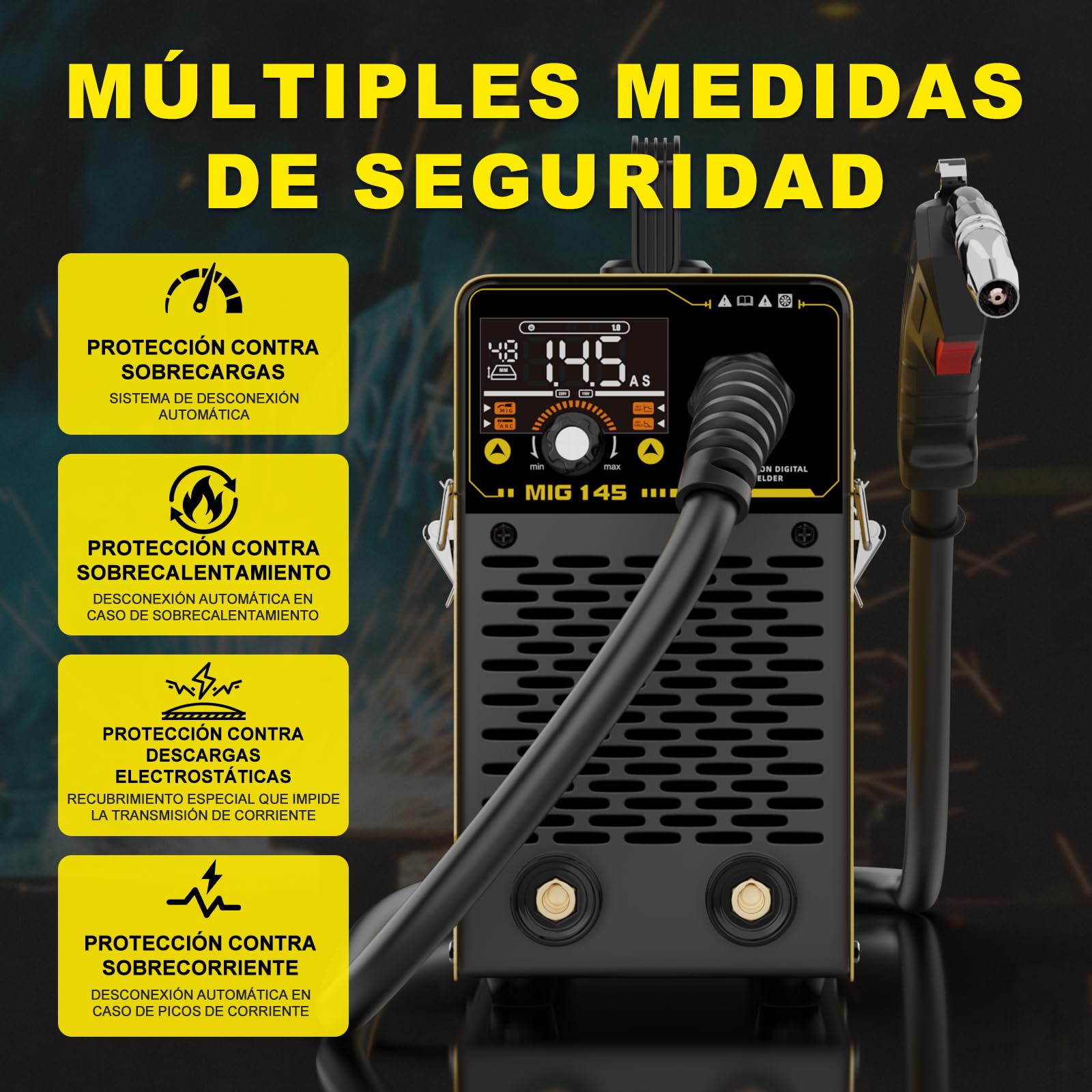 Haxiaoer 145A Soldador de Hilo Continuo Sin Gas 3 en 1 Máquina de Soldar MIG con ARC/Flux MIG/Lift TIG, Pantalla LED Digital Inteligente, Soldador Inversor Compacto