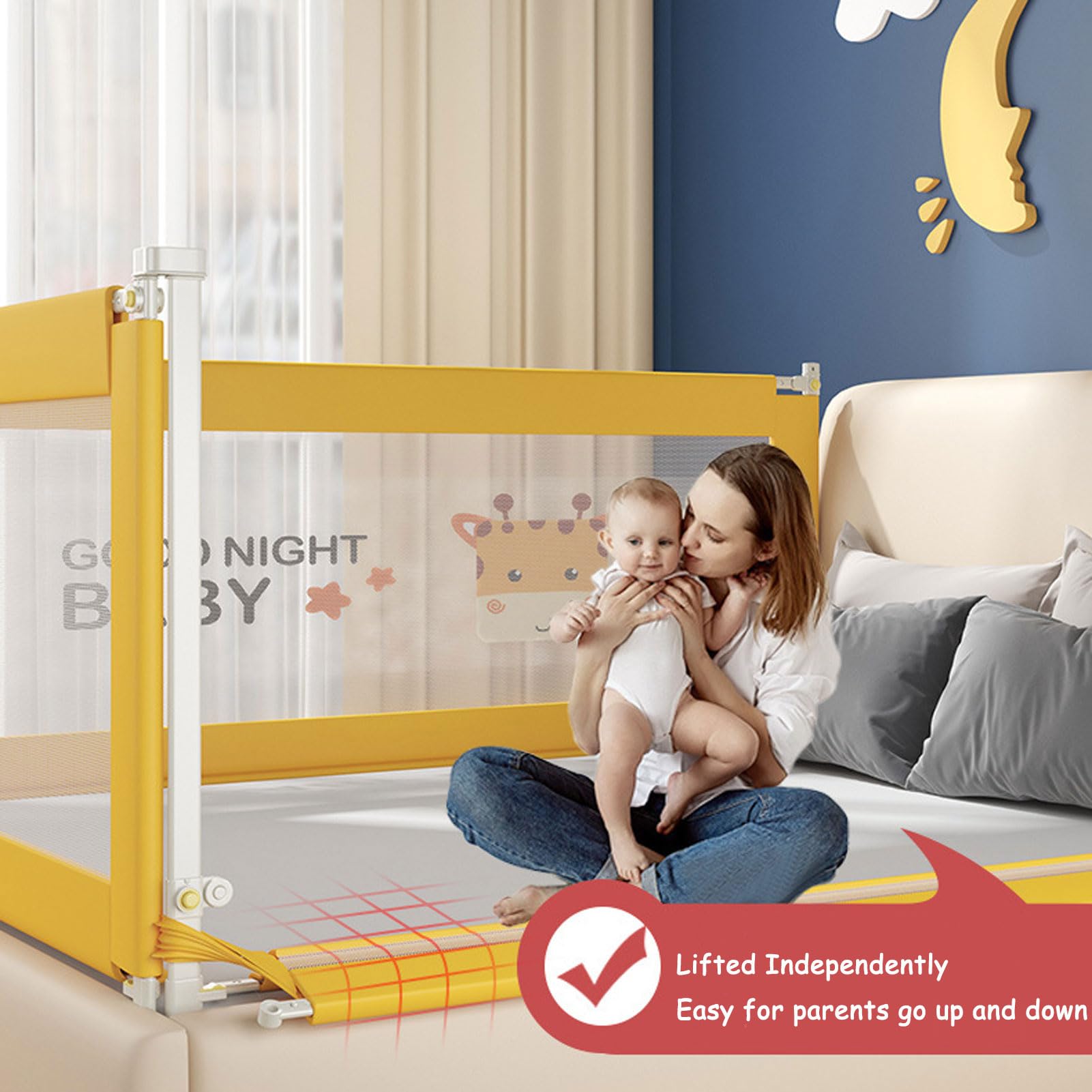 Barandilla de Cama portátil, Protector de Cama para niños y bebés, Altura Ajustable de 68 a 93 cm, barandilla de Cama Plegable y portátil para Viajes, barandilla de Seguridad para