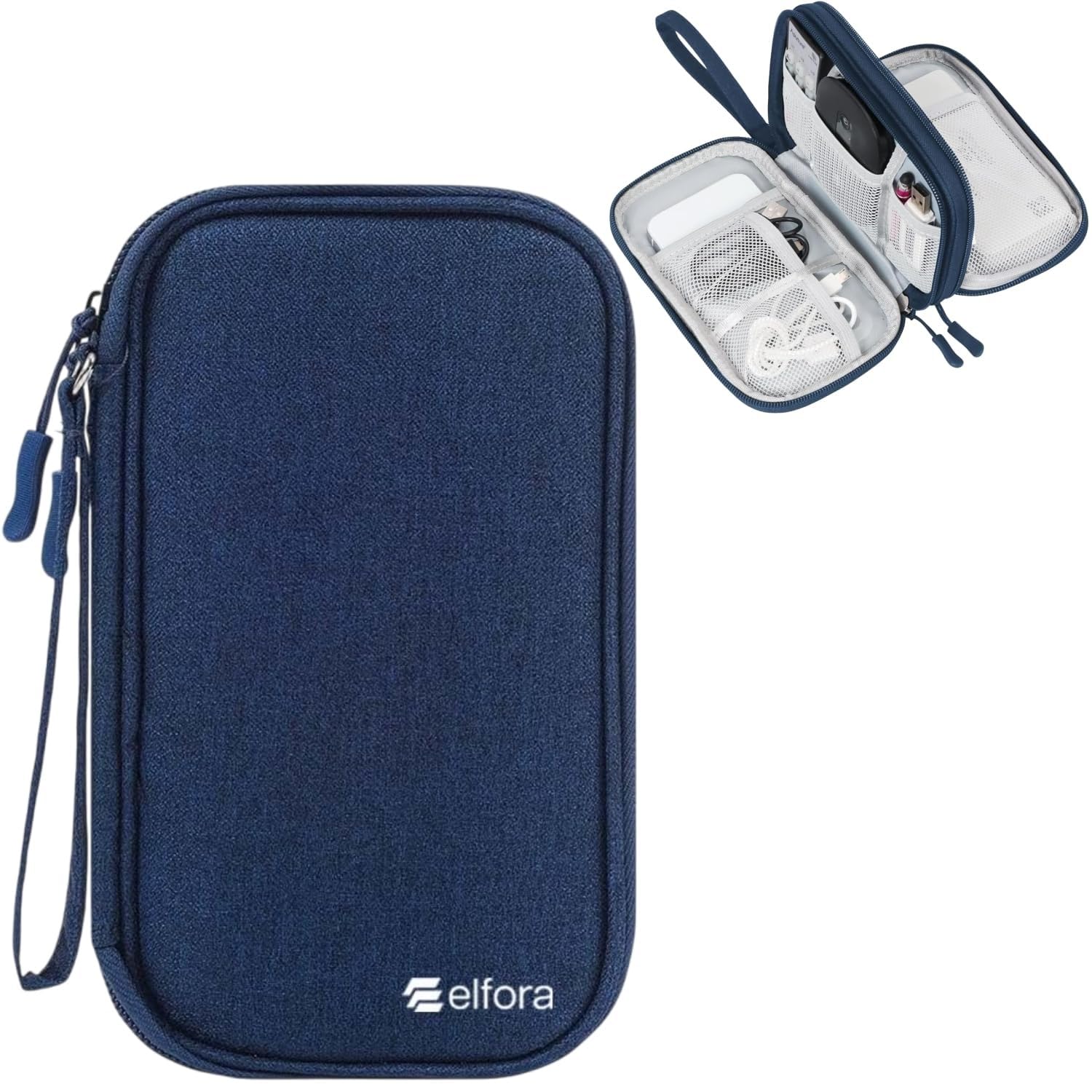 Elfora Cable Organizer Bag | Spacious 27X16Cm Double Layer Storage Pouch for Charger, Cables, Power Bank, Hard Disk & Accessories | Portable Nylon Travel Case with Mesh Pockets & Zipper Closure – Blue-image-9