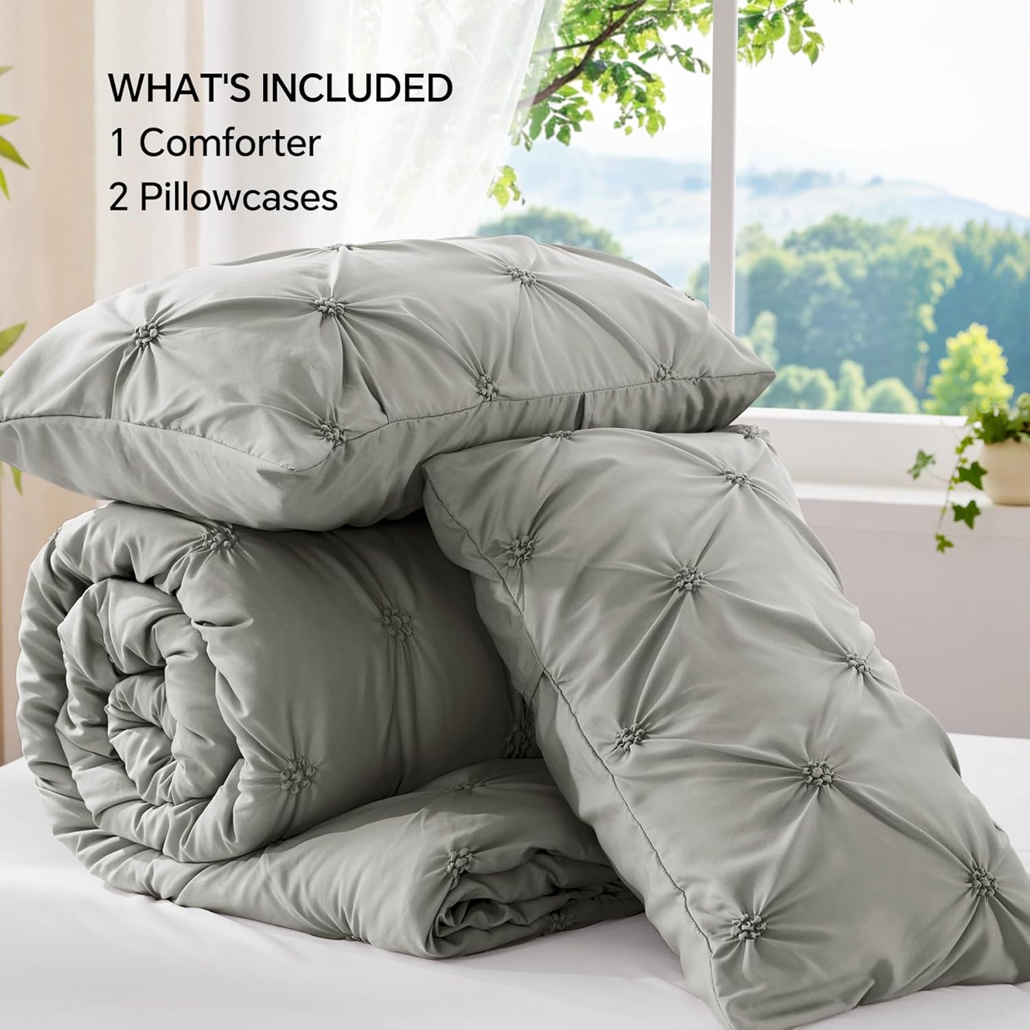 BEDELITE Grey Queen Comforter Set - 3 Pieces Boho Pintuck Bedding Comforter Sets, Lightweight Soft & Warm Bed Comforter Queen with 2 Pillowcases for All Season - Image 7