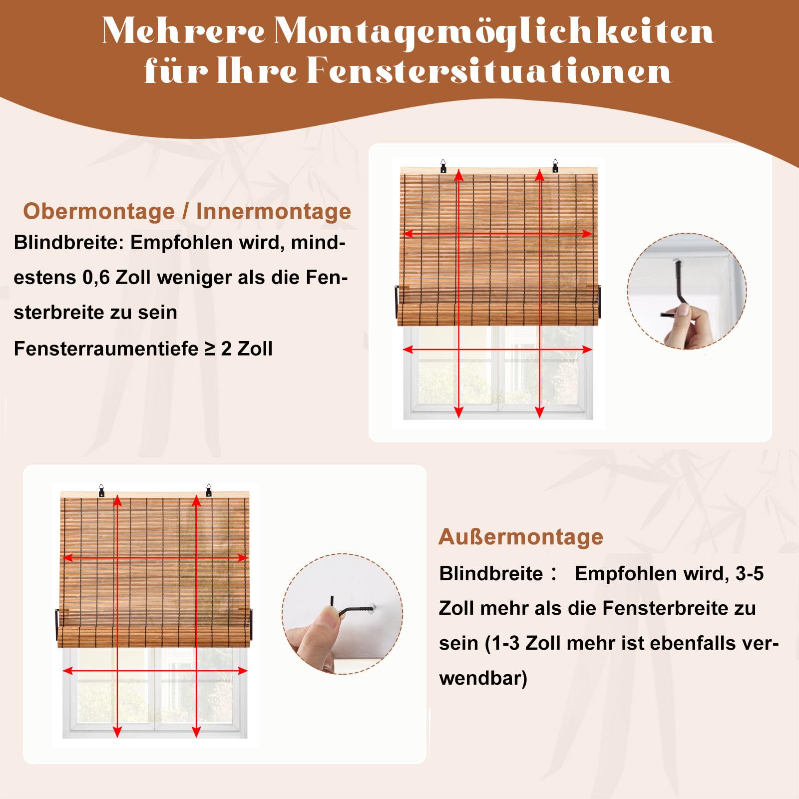 Bambusrollos - Blickdicht, Sonnenschutz und Sichtschutz für Türen/Fenster (Hellbraun, 120 x 180 cm)