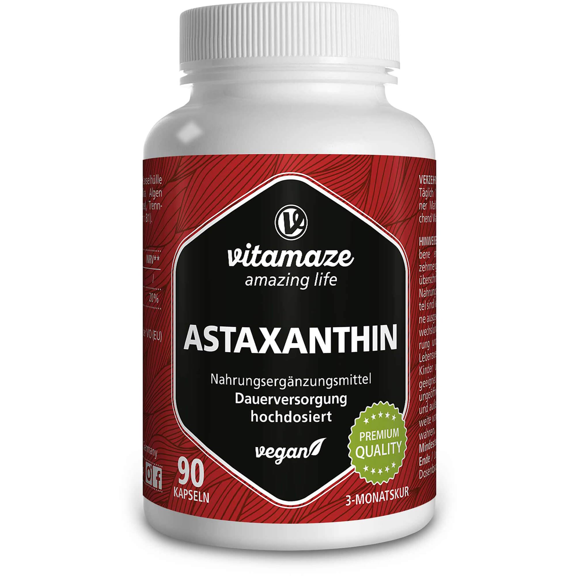 Astaxanthine avec Thiamine pour 3 Mois - 4mg Pure Astaxanthine a partir de Algues Haematococcus - Naturelle et Vegan en Poudre provenant D'Algues, 90 Capsules