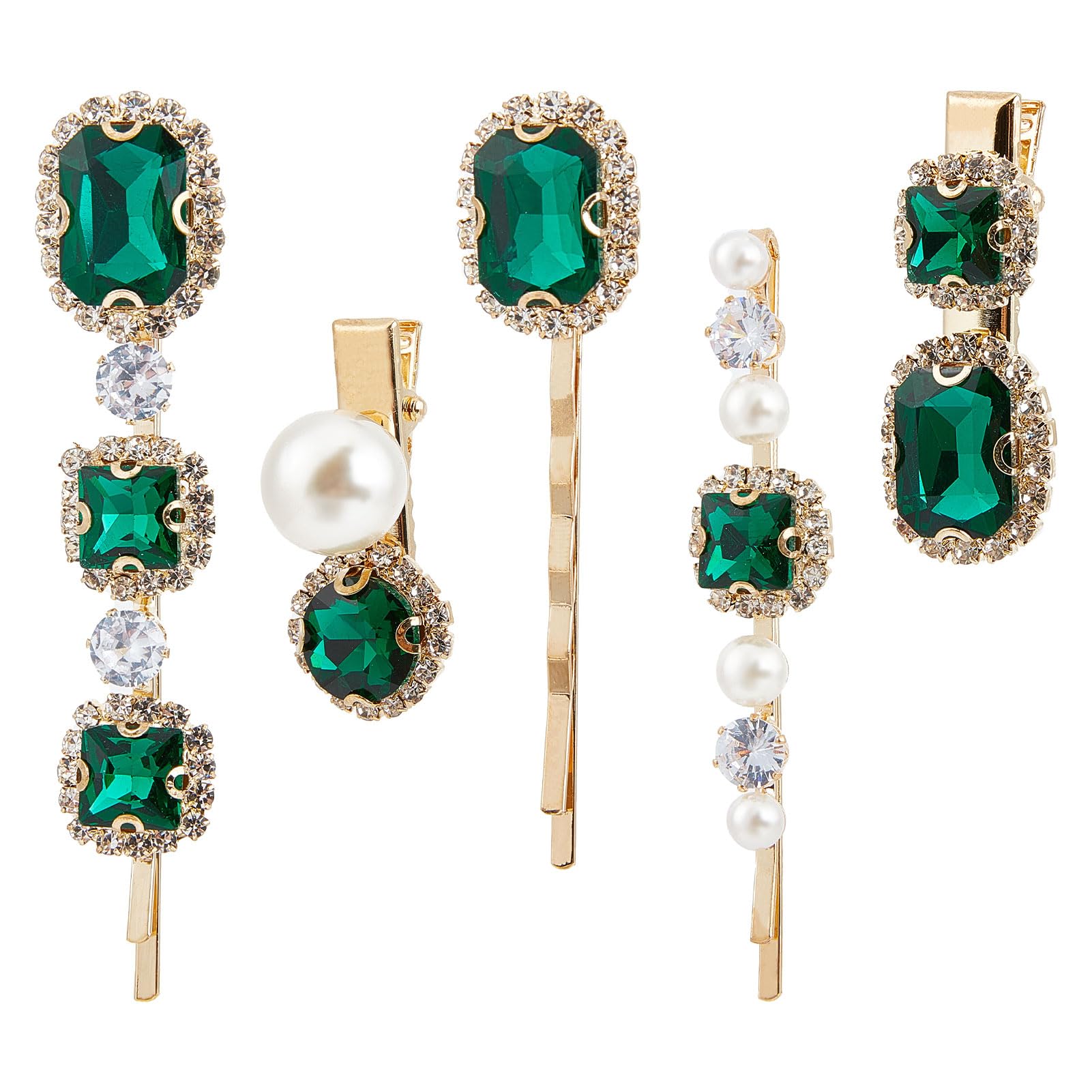 NICENEEDED 5 PCS Green Rhinestone Hair Clips Set, Glitter Crystal Hair Jewelry Barrettes