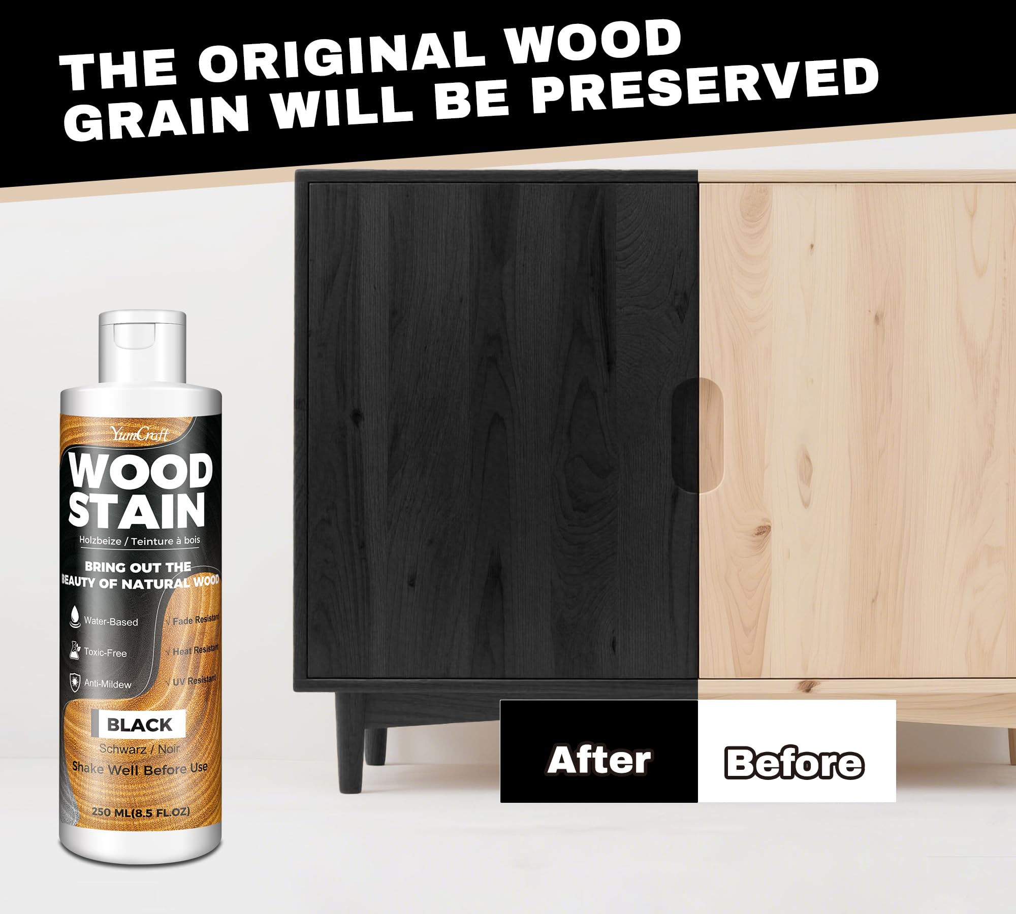 Teinte à Bois 250ml Noir à Base d’Eau, Lasure et Peinture pour Meubles Intérieurs Extérieurs, Portes Placards Étagères, Wood Stain Mat, Séchage Rapide, Faible Odeur, Non Toxique, Facile à Appliquer - 3