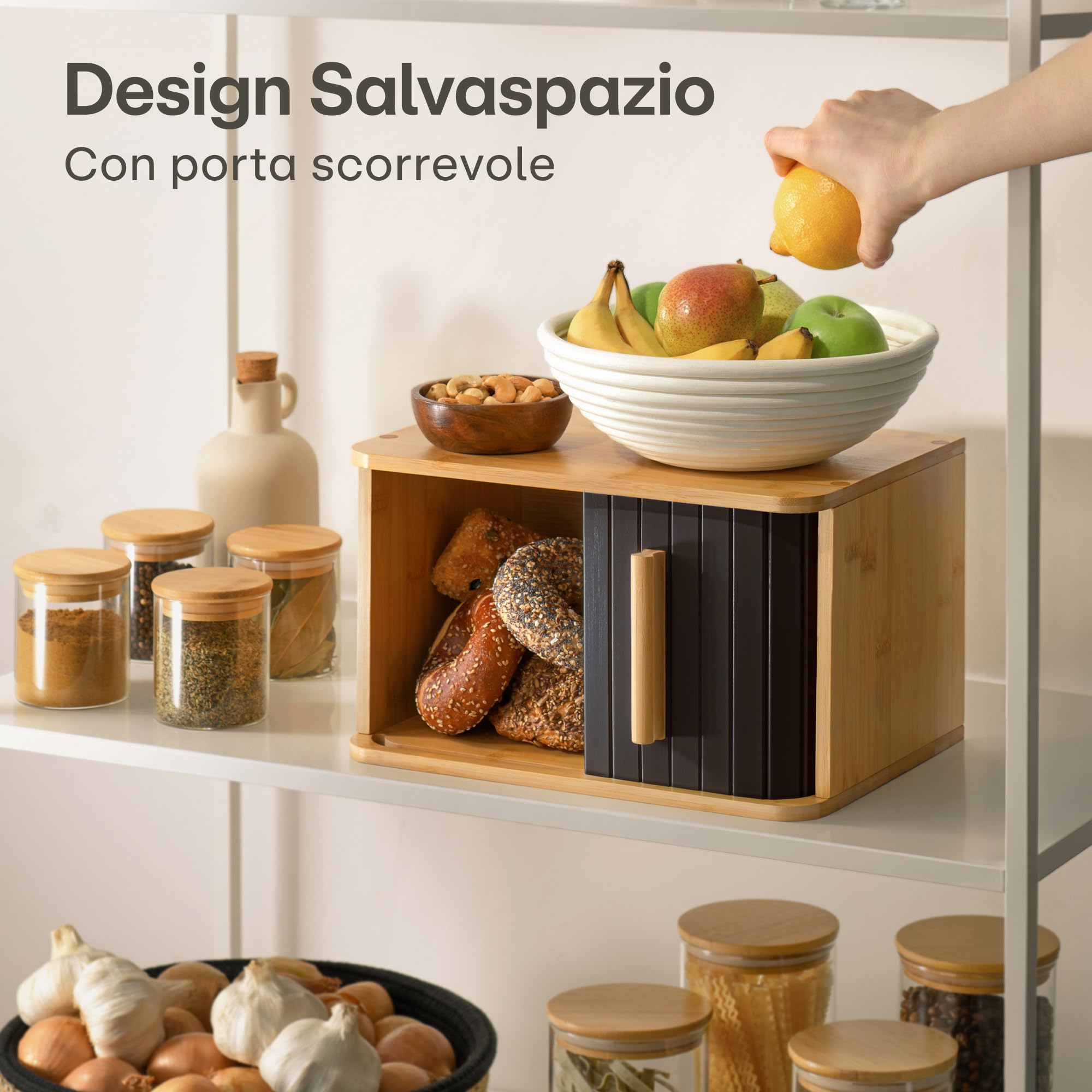Praknu Portapane Moderno in Legno FSC® Piccolo con Porta Scorrevole - Cassetta Portapane da Cucina 33 x 23 cm - Salva spazio - per Mantenere Il Pane Croccante - Nero