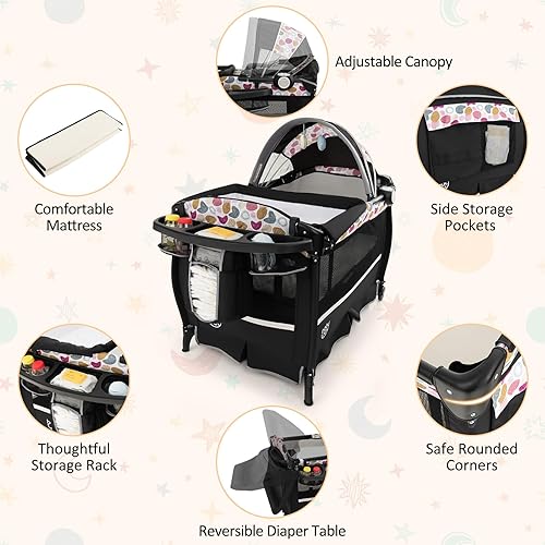 Miniatura 9 de BABY JOY 4 en 1 Pack and Play, corralito portátil para bebé con moisés y cambiador abatible, toldo, cuna infantil con cesta de almacenamiento, bolsa