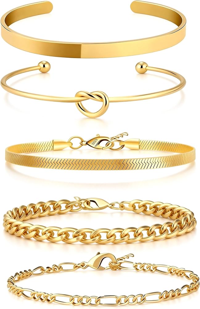 Set 5 Bracciali Oro Donna | Placcatura 18k Acciaio Inox - Regolabili E