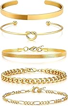 Adjustable 14K Gold Plated Stainless Steel Bracelets Set - 5 Pieces Stackable Chains Figaro Snake Valentine Gift