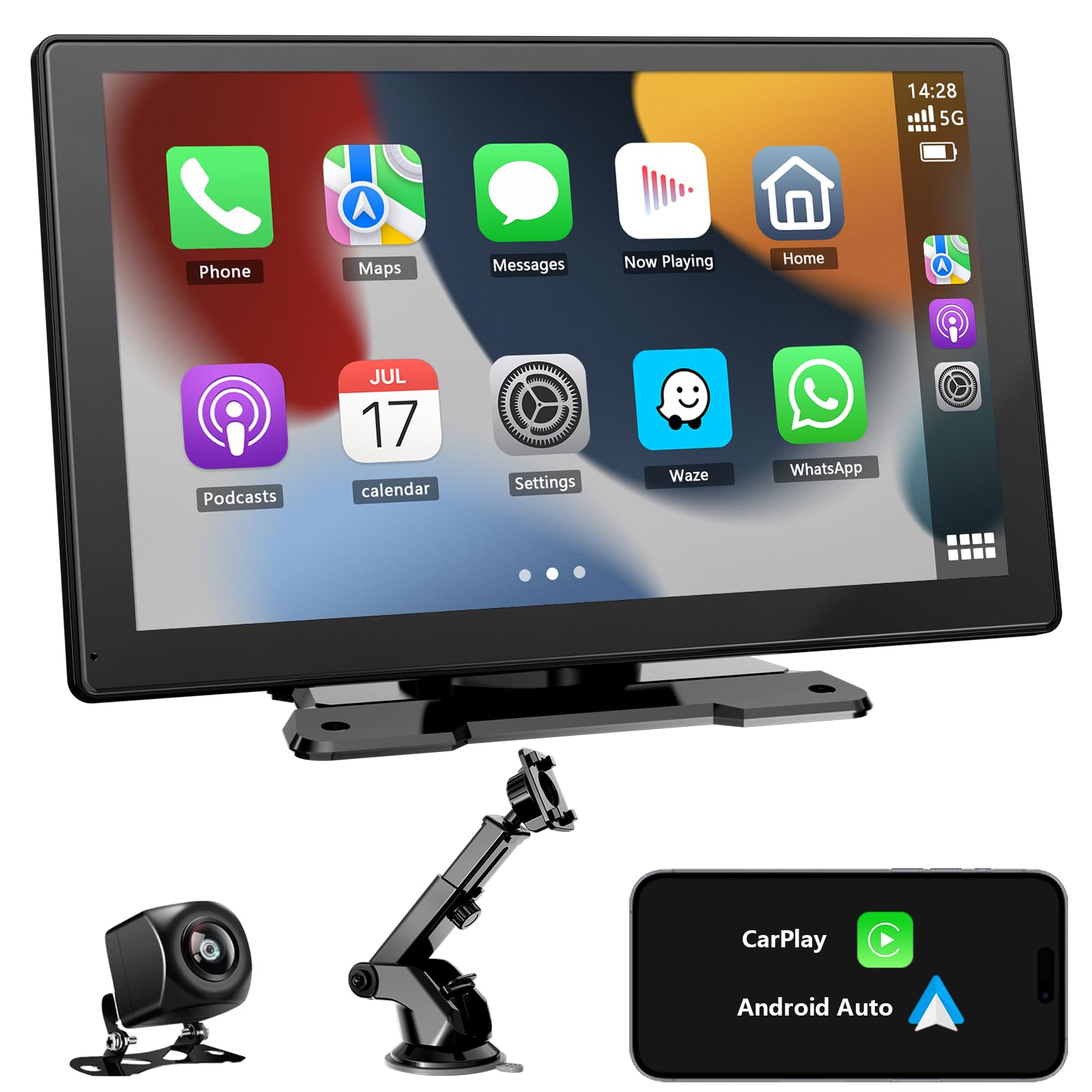 Pantalla Coche, 9" Pantalla Carplay Coche con Carplay y Android Auto Inalámbrica, Pantalla Táctil con cámara de Respaldo 1080P, Navegación GPS, Bluetooth, Siri/G00gle Asistente de Voz, FM, AUX