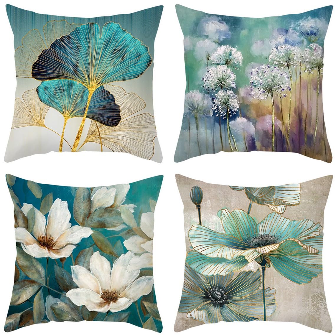 Fleurs colorées de peint lin coussin canapé lot 4 housses 65x65 grand format