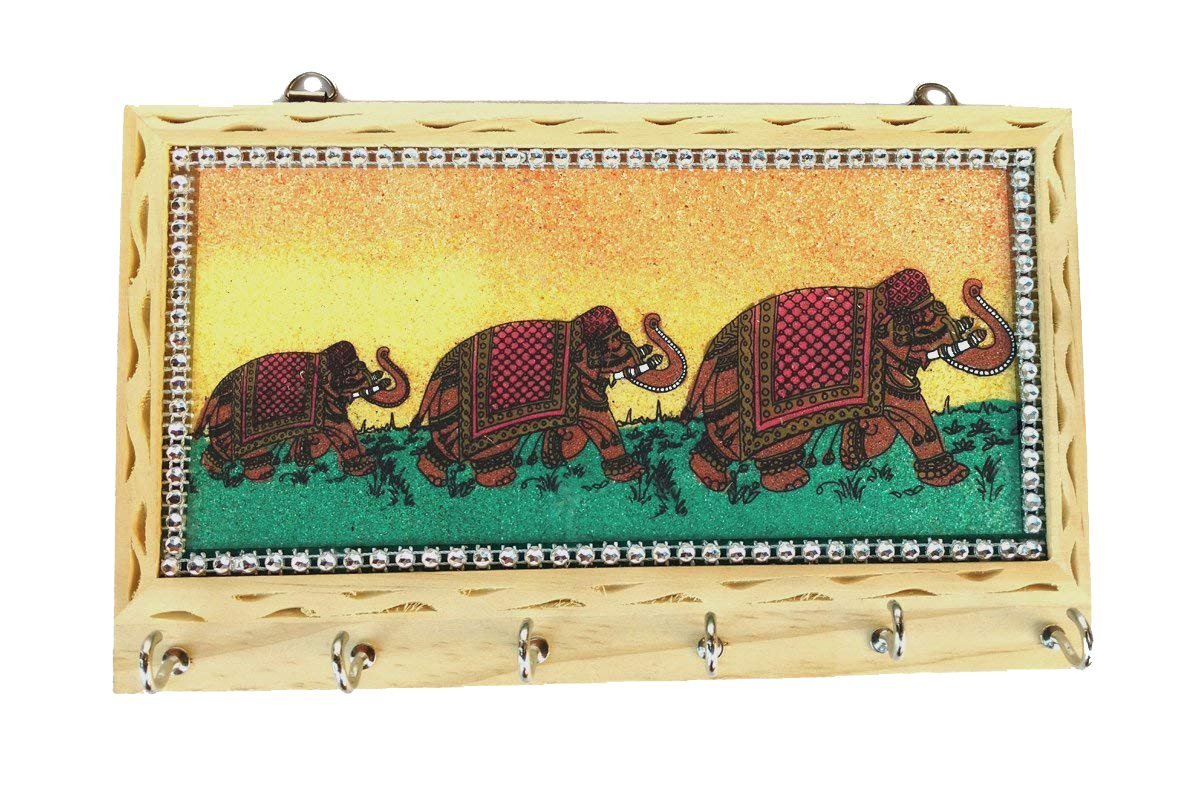 Rastogi HandicraftsWooden Gemstone Painting 6 Hook Key Holder Wall Hanging