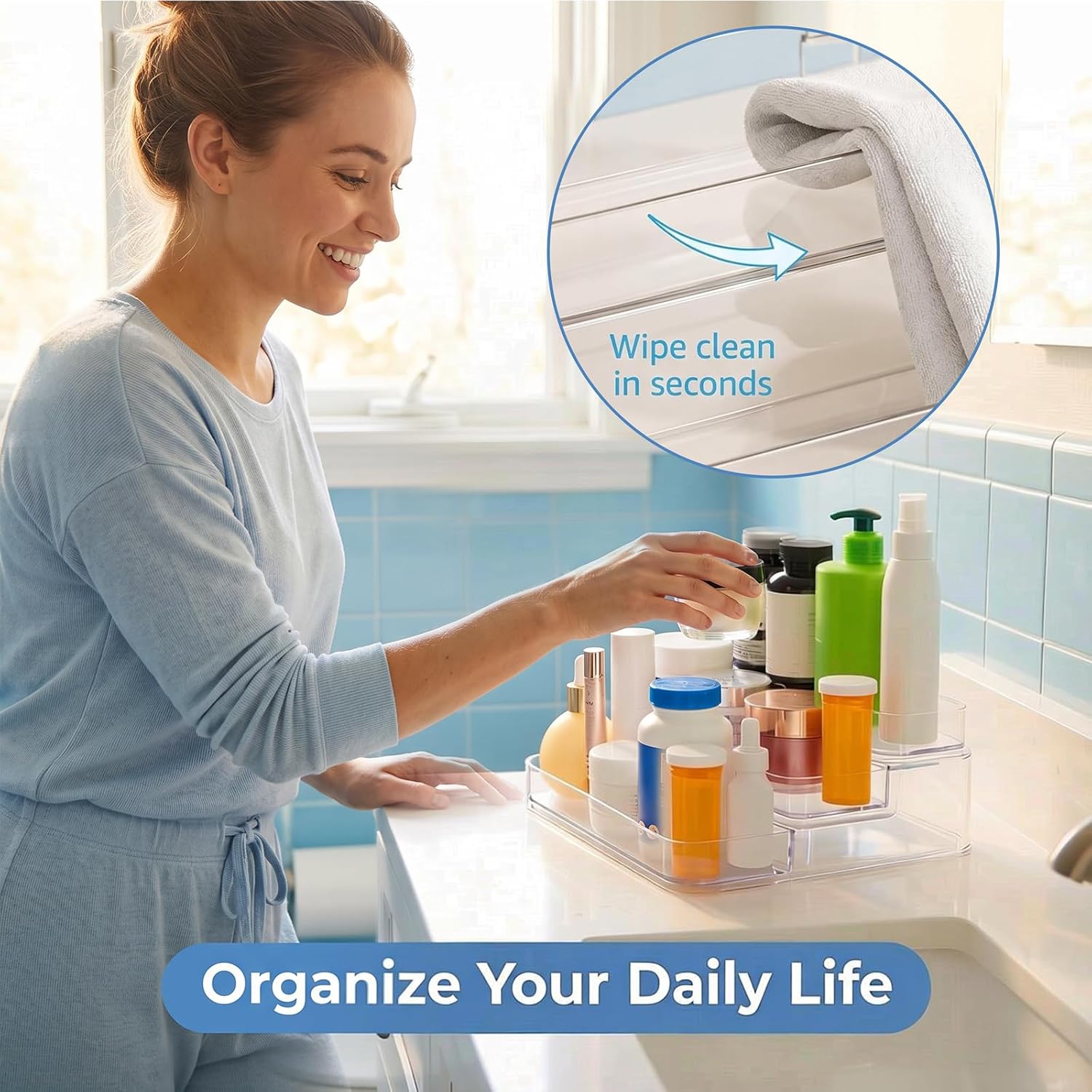 3 Tier Clear Plastic Organizer for Vitamin Bottles, Supplements, Insulin Vials, Cosmetics, Nail Polish, Countertop Storage Rack for Bathroom, Kitchen, Cabinet