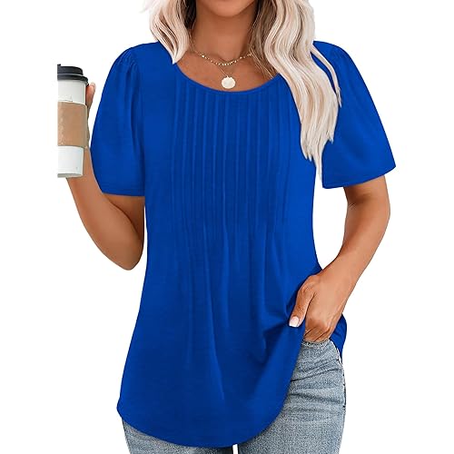Womens T Shirts Short Sleeve Pleated Dressy Casual Scooped Neck Summer Tops Blouses