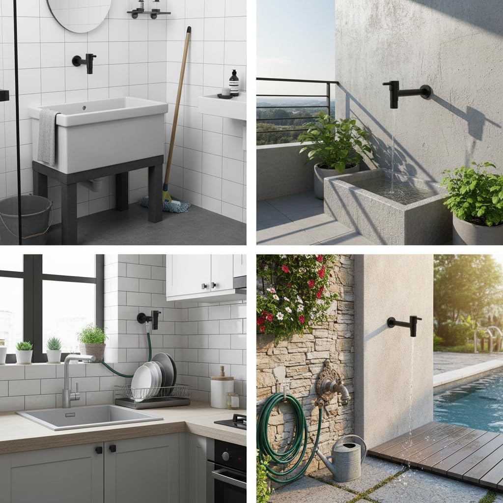 1pcs Garden Bathroom Faucet Single Cold Water Tap 304 Stainless Steel Black Wall Mounted (for Mop Pool)