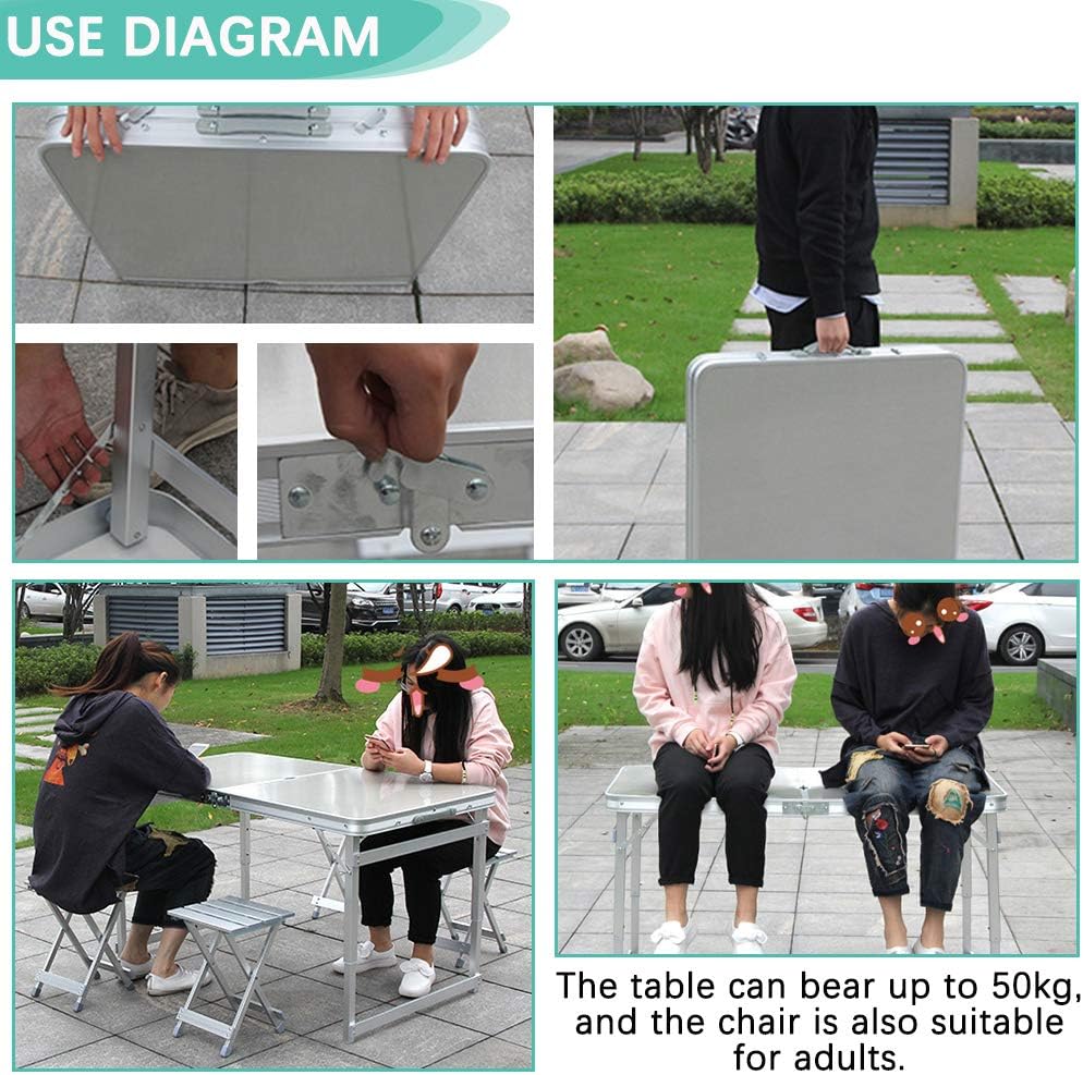 IBEQUEM Folding Picnic Table with 4 Seats, Height Adjustable Table with Chairs Set, Aluminium Alloy Portable Desk Bench for Indoor Outdoor Travel, Camping Party BBQ Backyard : Patio, Lawn & Garden