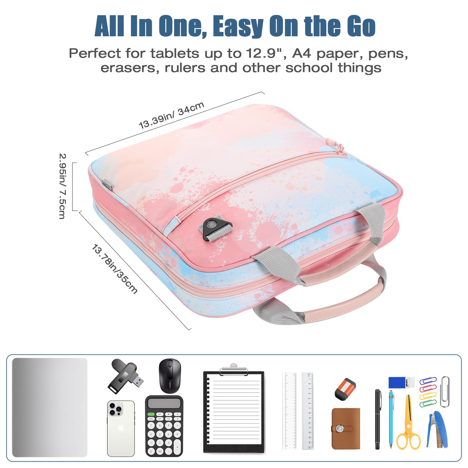 Zipper Binder With Shoulder Strap - 3 Ring Binder Holds 500 Sheets, Water-Resistant, Multiple Pockets (Cherry Blue Bow)