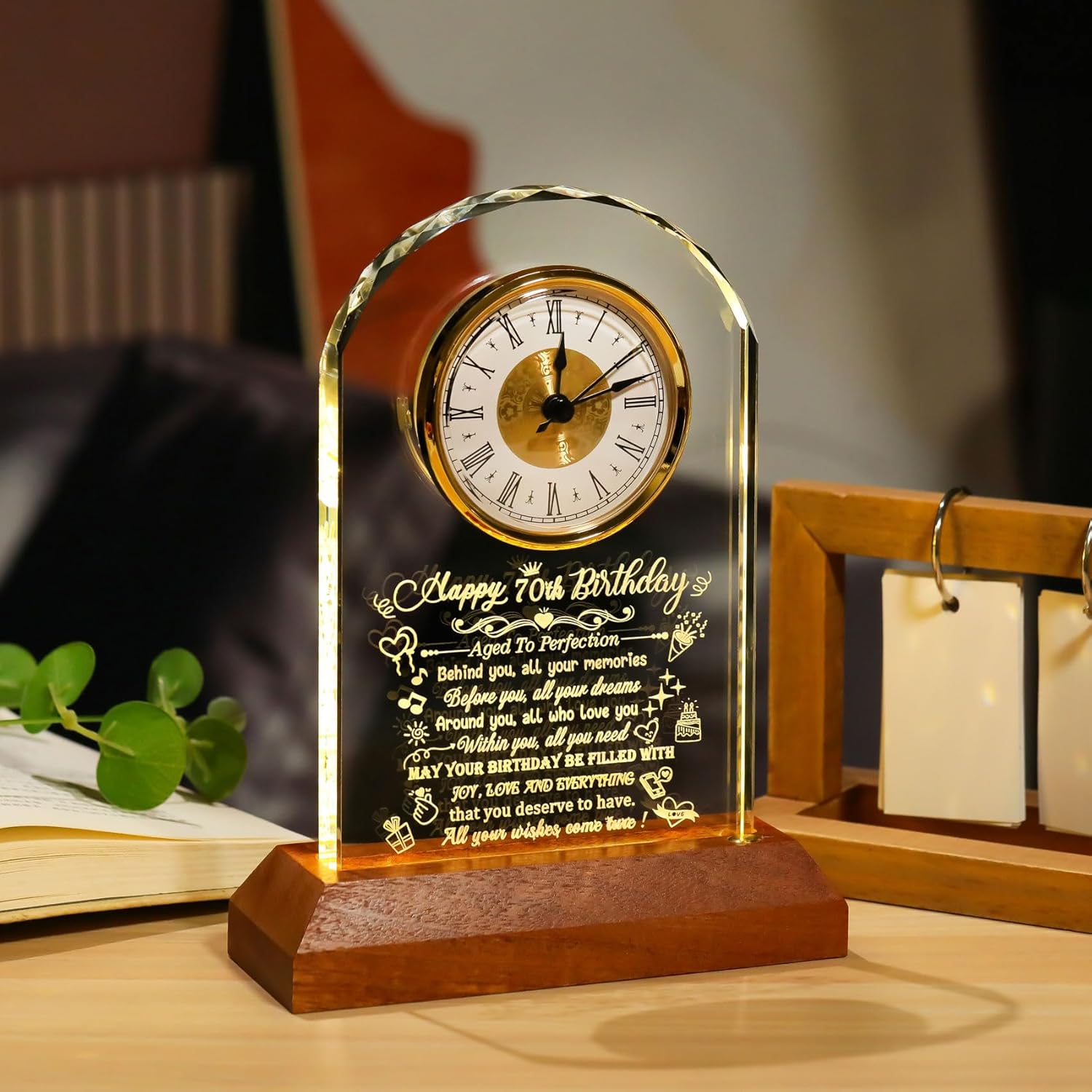 Happy 70th Birthday Crystal Clock Gifts for Men Women Turning 70 Birthday Quartz Clock Gifts with LED Wooden Light Base 70 Years Old Birthday Presents for Parents Mom Dad Home Decor - Image 2