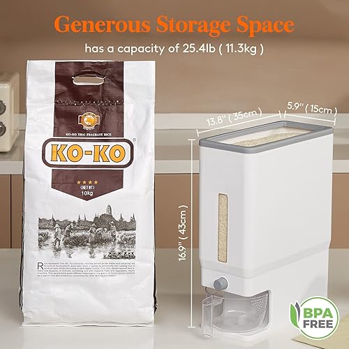 Miniatura 2 de Lifewit Contenedor de arroz de 25.4 libras, dispensador de arroz con taza medidora y organizador de herramientas para el cabello, soporte para