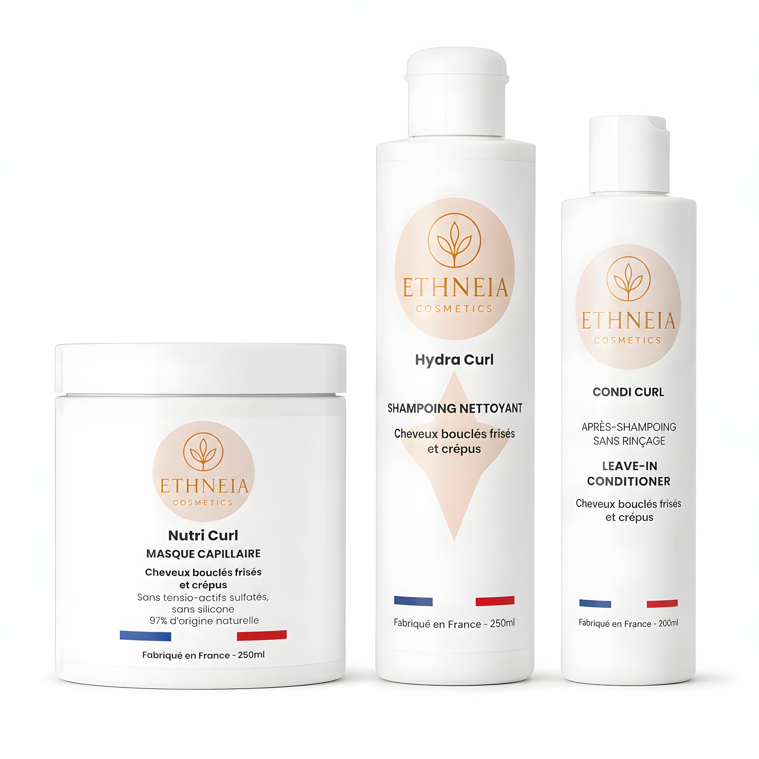 Locken-Routine für welliges, lockiges und krauses Haar – Nutri Curl Maske 250ml + Hydra Curl Shampoo 250ml + Condi Curl Leave-in 200ml – ohne Sulfate, natürlichen Ursprungs, Made in France