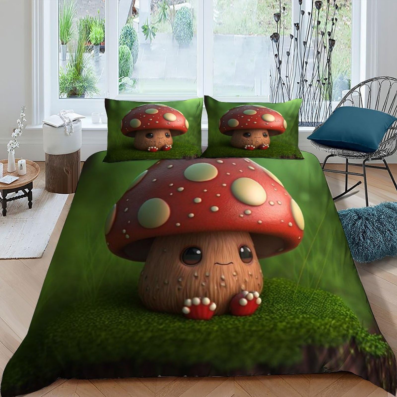 Housse de couette 220x240 plantes et fleurs parure de lit imprimé champignon rouge microfibre