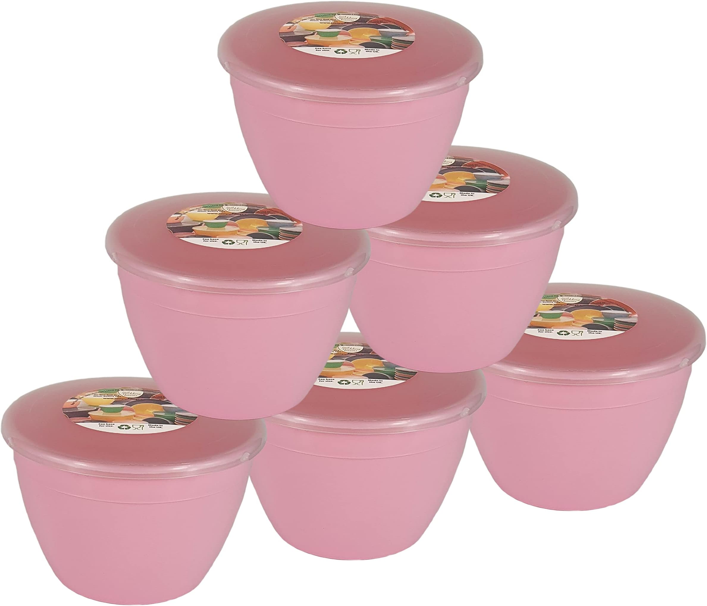 Just Pudding BasinsPastel Colours Pink 1 Pint Basin and Clear Lid Pack of 6 Plastic Pudding Steaming Bowls