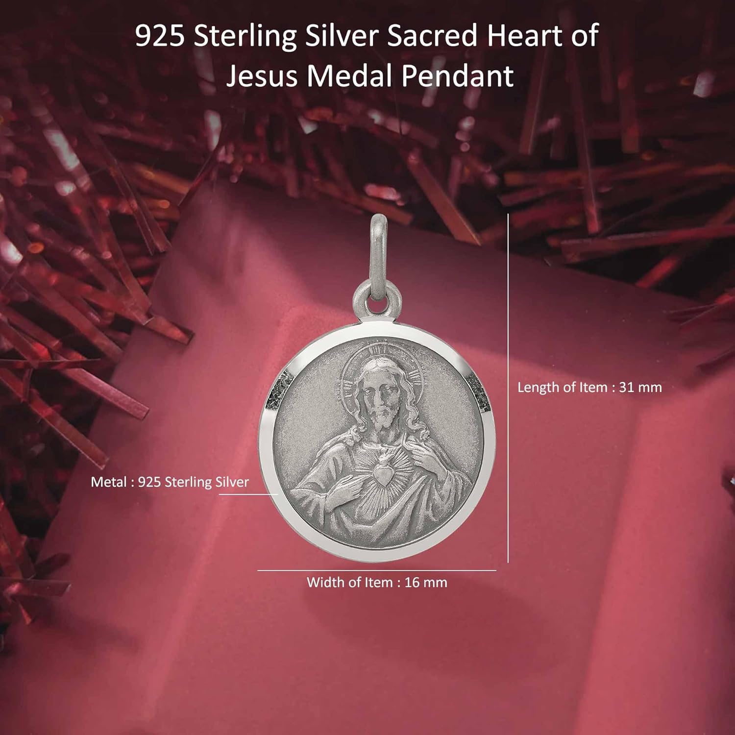 Diamond2Deal 925 Sterling Silver Sacred Heart of Jesus Medal Pendant (L- 31 mm W- 16 mm) - Image 5
