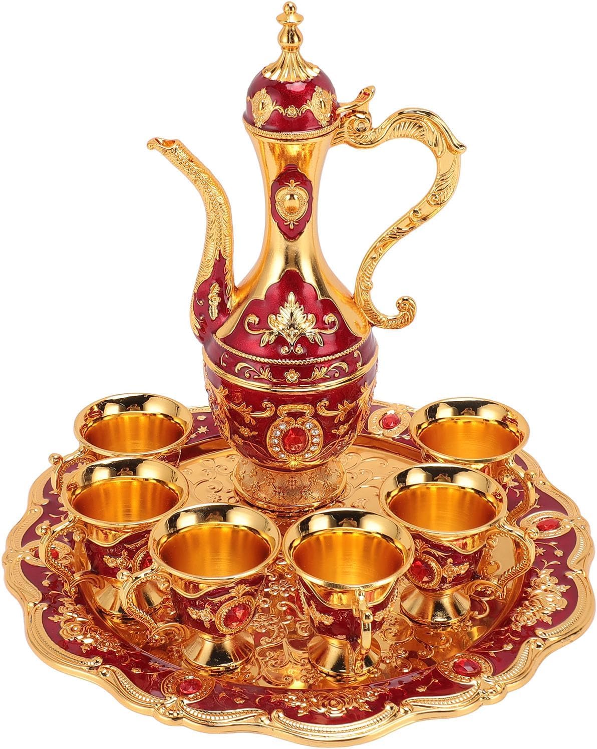 Leopacat Red Turkish Tea Set,Vintage Turkish Coffee Maker,European Wine Decanter And Tumbler With 6 Coffee Cups And Tray,Metal Coffee Mug Set For Home Tea Party Household Ornaments Wedding Gift Tea Party