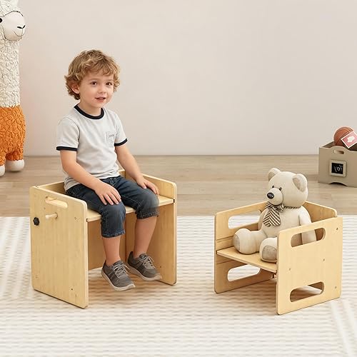 Miniatura 7 de Acenova Montessori - Juego de mesa de destete y silla, mesa de madera para niños pequeños con gancho, muebles Montessori para leer, aperitivos,