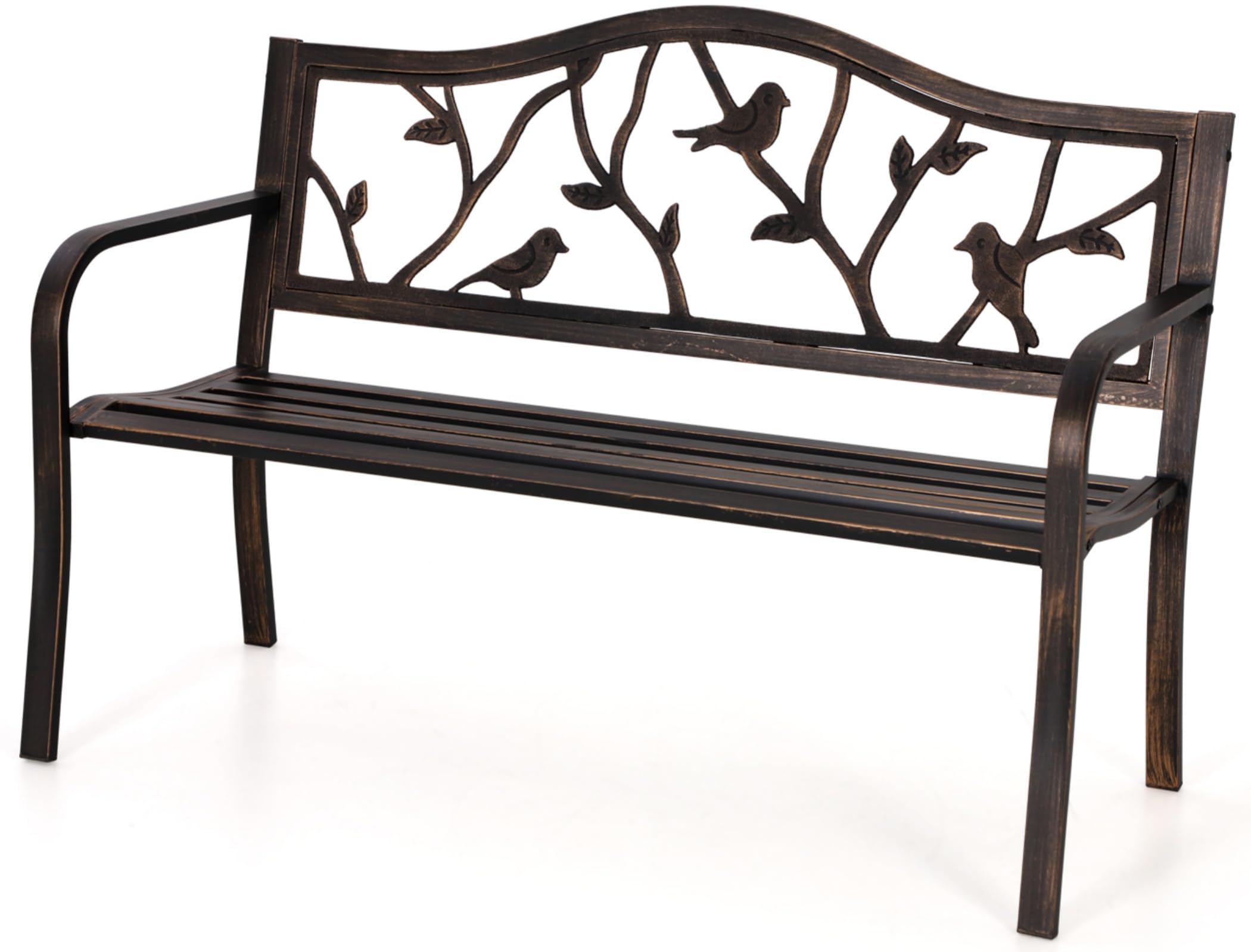 MFSTUDIO 50" Outdoor Garden Bench, Patio Metal Frame Park Bench with Bird Pattern Backrest for Porch, Lawn, Deck(Bronze)