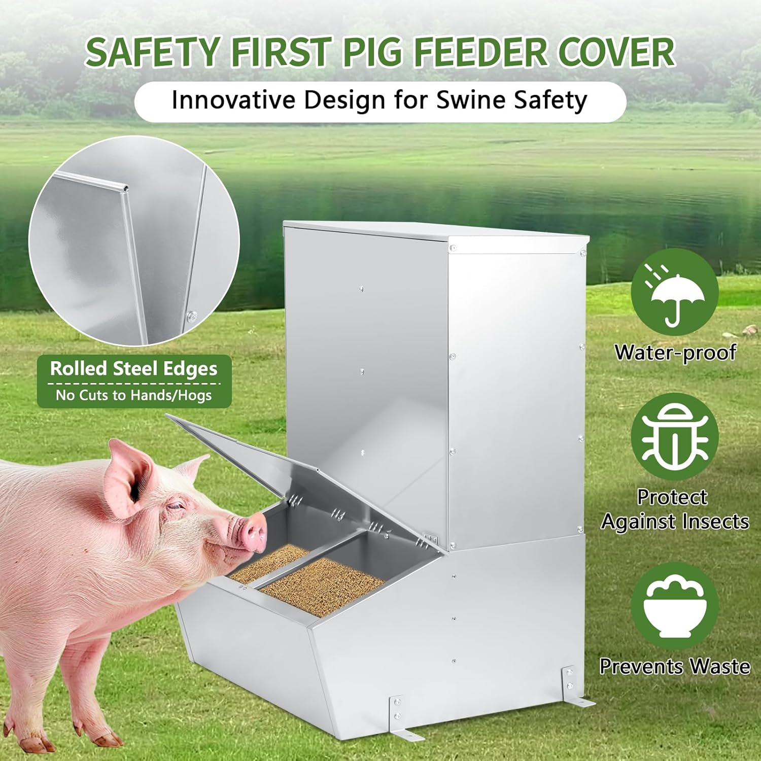 3 Bushel Hog Feeder, Automatic Single Door Pig Trough with Heavy Duty Galvanized Steel, Multipurpose Livestock Feeder for Supplemental Feeding and Outdoor Use (2 Door)