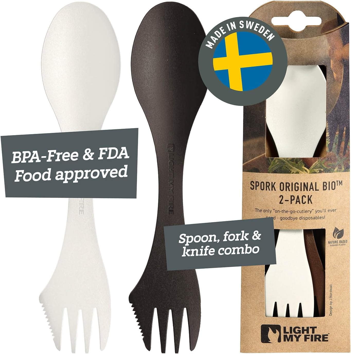 Light My Fire Spork Original 2-Pack 3-in-1 Camping Accessories Knife Fork Spoon Set, Survival Camping Gifts for Scouts, Reusable Travel Cutlery Set, Quality Plastic Cutlery BPA Free Sporks Cocoa/Cream