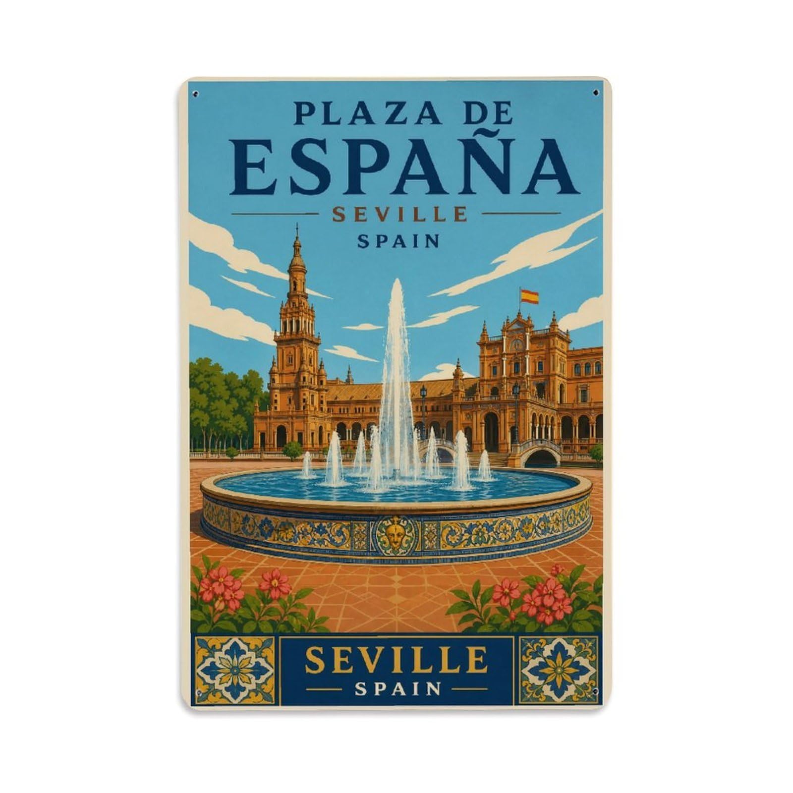 Vintage Plaza Espana Fountain Water Jets Ceramic Spain Metal Tin Sign