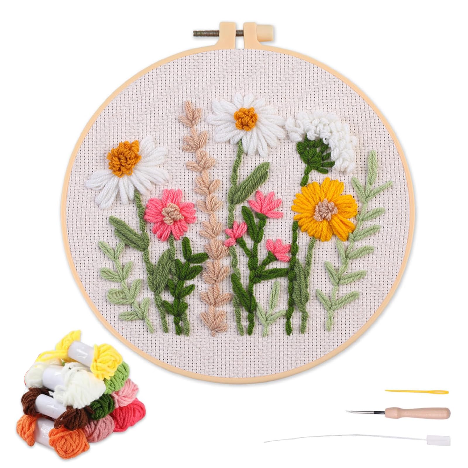 artcici デイジーチャームリーフパターンツールと糸を備えた初心者向けのパンチ針キット、簡単な刺繍ラグフックセット (ピンク)